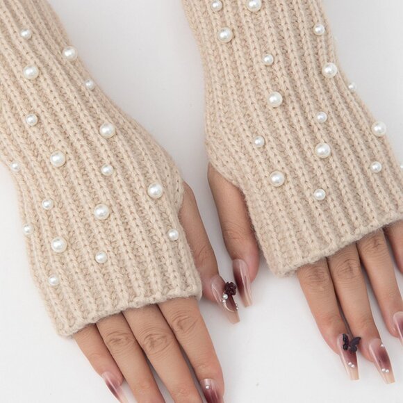 2/$30 Women's Beige Knitted Fingerless Gloves with Pearl Accents Winter Fall - Picture 5 of 5